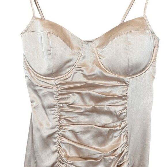 Lulus A Lot of Allure Champagne Satin Ruched Bustier Bodycon Dress Size Small - Picture 3 of 13